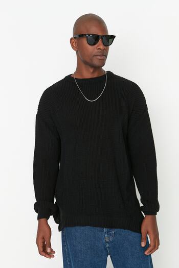 Trendyol Collection Unisex Μαύρο Πλεκτό Πουλόβερ - Crew Neck με λεπτομέρεια με σχισμή TMNAW21KZ0552
