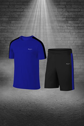 POSEIDON STORM Men's Blue Dri-Fit Fabric Short Sleeve T-Shirt Shorts with Comfortable Pockets for Training and Running Double Suit (S -