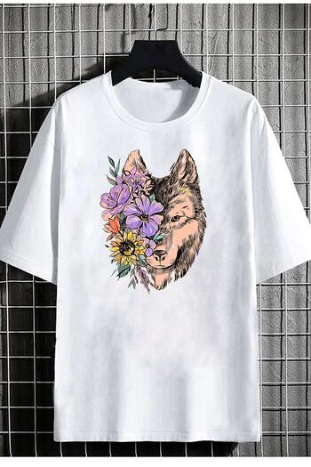 DEEPSENCE Μπλουζάκι Unisex Oversize Flower Wolf μπροστινό τύπωμα λευκό