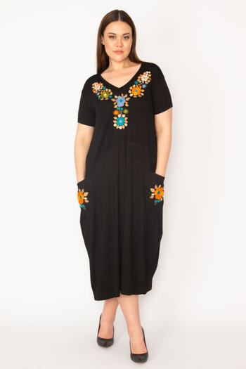 Şans Women's Plus Size Black Embroidery Detailed Pocket Viscose Dress 65n32909