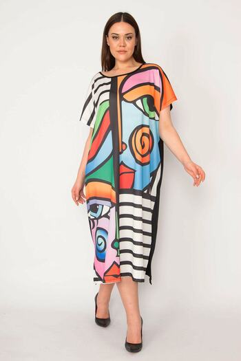 Şans Women's Plus Size Black Digital Printed Long Color Dress with Side Pockets 65n32906