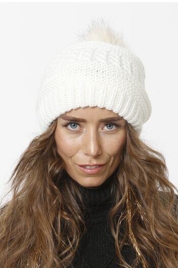 Vemod Women's Fur Pompom Lined Knitted Beret - Bone 91