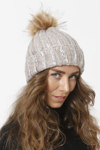 Vemod 75 Foil Printed Folded Pompom Knitwear Knitted Beanie - Stone