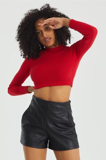 The Base Women's Red Camisole Fabric Half Turtleneck Crop Blouse