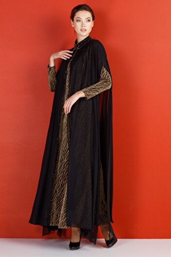 Esswaap Jewelled Collar Chiffon Cape Evening Dress Yellow