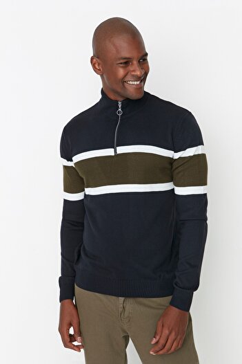 Trendyol Collection Πλεκτό πουλόβερ Navy Blue Color Block Slim Fit - Μισό ζιβάγκο TMNAW20MG0022