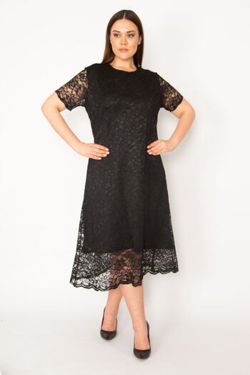 Şans Women's Plus Size Black Lined Lace Evening Dress 65n32903
