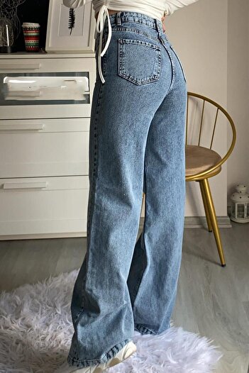 Livik Pantaloni palazzo din denim largi de damă închisă la culoare, anii 90, albaștri, cu talie super înaltă, cu picioare largi