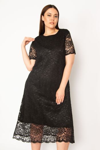 Şans Women's Plus Size Black Lined Lace Evening Dress 65n32903