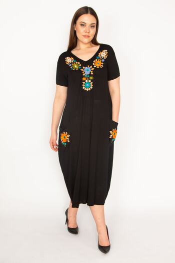 Şans Women's Plus Size Black Embroidery Detailed Pocket Viscose Dress 65n32909