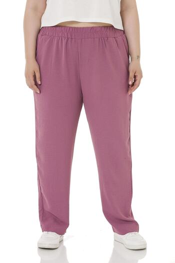 DISENTIS MODEST Large Size Linen Aerobin Dried Rose Trousers with Elastic Waist Pockets