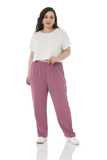 DISENTIS MODEST Large Size Linen Aerobin Dried Rose Trousers with Elastic Waist Pockets