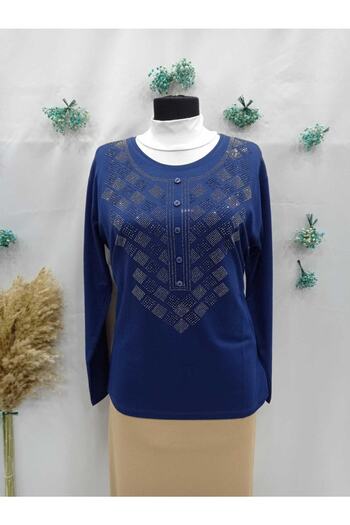Sel Tekstil 2022 Model Round Collar Luxury Stoned Mother Combed Cotton Blouse