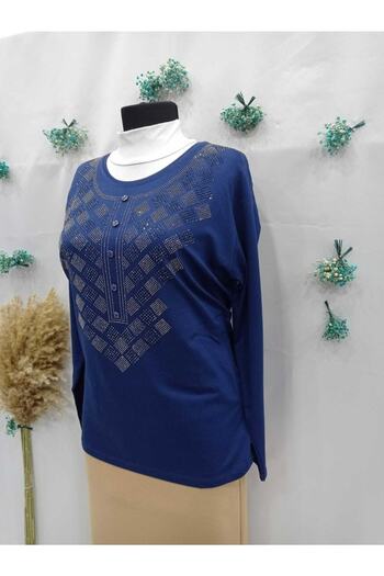 Sel Tekstil 2022 Model Round Collar Luxury Stoned Mother Combed Cotton Blouse