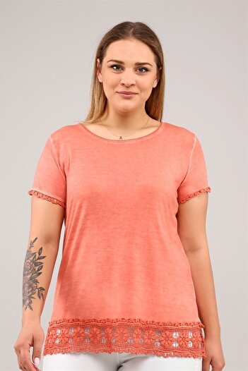 Seamoda Short Sleeve Skirt Ruched Oil Wash Tunic-salmon