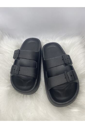 AkınalBellaa Akınalbella Black Double Buckle Lightweight Summer Slippers