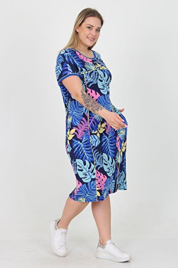 Neşeli Butik Kadın Mavi Çiçek Desenli Büyük Beden Viskon Elbise Aysl24