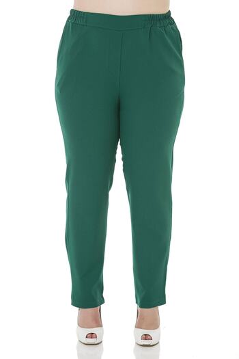 DISENTIS MODEST Plus Size Emerald Green Trousers with Elastic Waist Side and Back Narrow Leg Pockets