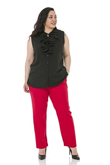 DISENTIS MODEST Large Size Red Trousers with Elastic Waist, Side and Back and Narrow Leg Pockets