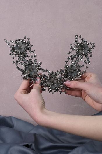Hobigram Hair Accessory Dark Gray Simay Flower Motif Bridal Tiara and Hair Turban Accessory – Other Hair Accessories