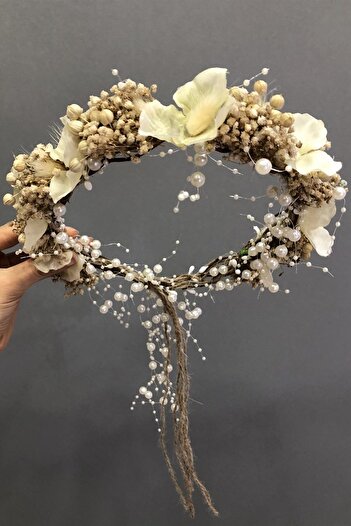 Hobigram Cream Chipsolu and Hydrangea Dry Flower Crown Special for Weddings – Bridal Accessory, Stylish Design – Bridal Ak