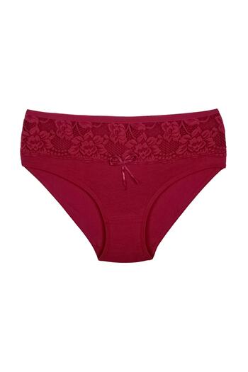 Zena Claret Red Cotton Front Stripe Lace Detailed Plus Size Women's Panties