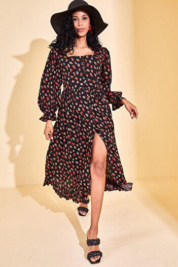 XHAN Women's Black Floral Square Collar Slit Dress 2YZK6-12770-02