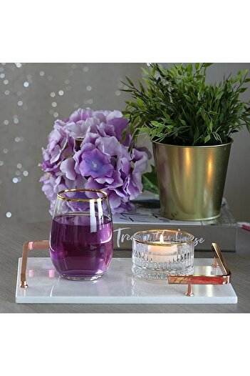 Akayev Marble White Rose Gold L Design 30x20 Cm Tray Marble Engagement Promise Tray, Coffee Corner Presentation Holder