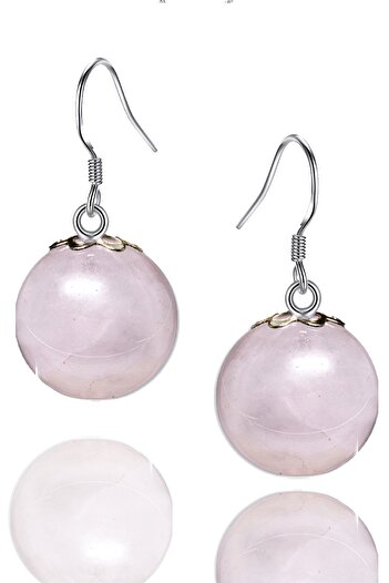 Tesbih Atölyesi Certified Natural Pink Quartz Stone Silver Earrings