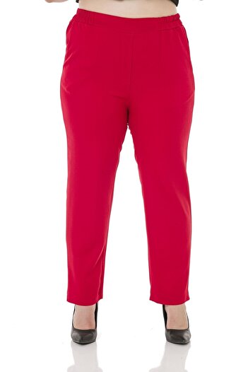 DISENTIS MODEST Large Size Red Trousers with Elastic Waist, Side and Back and Narrow Leg Pockets