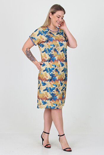 Neşeli Butik Women's Yellow Crew Neck Plus Size Viscose Dress Aysl26