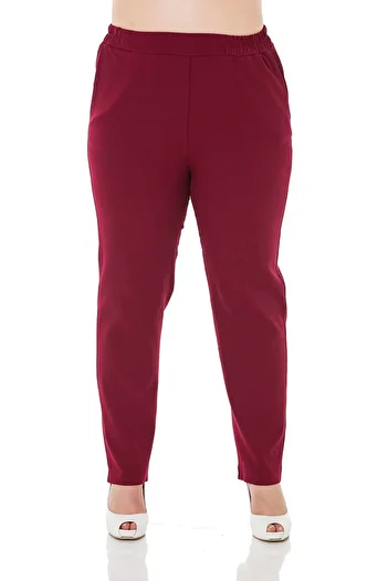 DISENTIS MODEST Large Size Claret Red Trousers with Elastic Waist, Side and Back and Narrow Leg Pockets