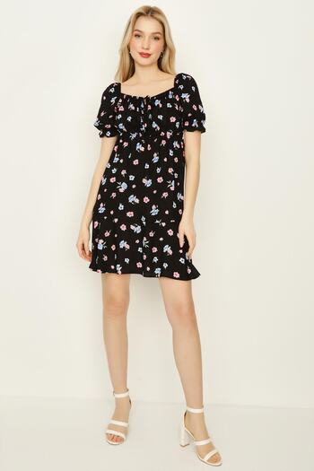 Select Moda Women's Black Floral Patterned Pentagonal Collar Balloon Sleeve Mini Dress