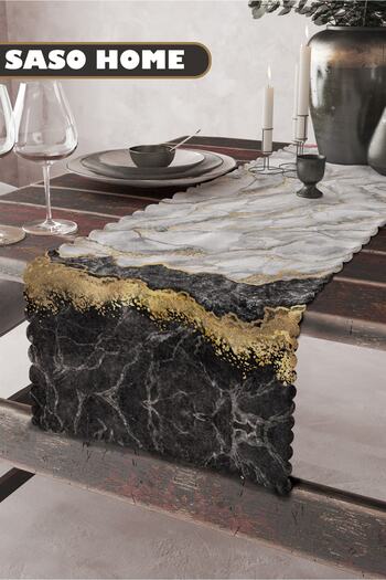 SasoHome Black - Gray - White Marble Patterned Quality Velvet Fabric 45x140 Cm Decorative - Gift Runner