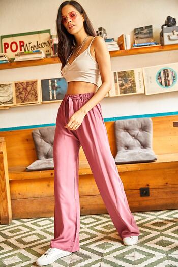 Olalook Women's Dusty Rose Belted Woven Viscon Palazzo Trousers PNT-19000169