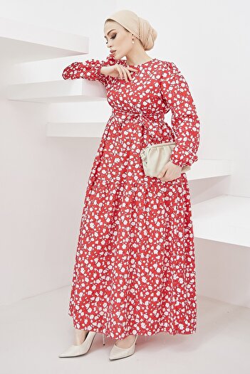 InStyle Erfa Crispy Pattern Belted Dress - Red