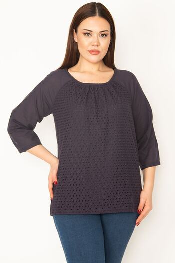Şans Women's Plus Size Navy Blue Front Lined Hole Embroidery Capri Sleeve Voile Blouse 65n33114