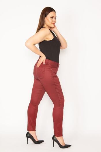 Şans Women's Plus Size Burgundy Plated Gabardine Fabric Leather Look 5 Pocket Lycra Trousers 65n33069