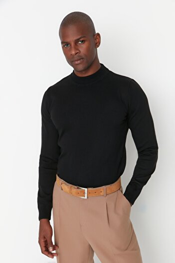 Trendyol Collection Pulover de bază negru, slim fit, cu jumătate de gât țesut TMNAW21KZ0758