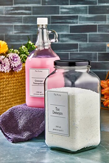 FBZhome Ikili Set 3000 ml Cam Deterjan Kavanozu Ve 1500 ml Galon Yumuşatıcı Şişesi