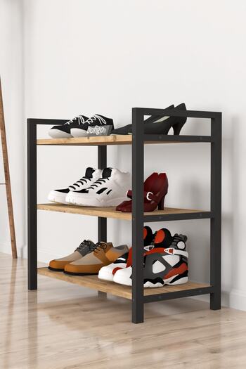 Bofigo Dekoratif 3 Raflı Ayakkabılık Metal Ayakkabılık Çam