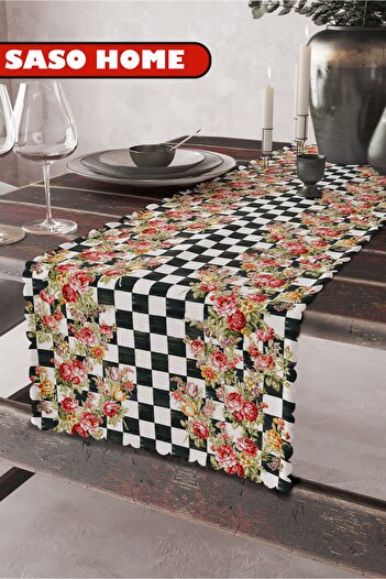 SasoHome Checkered Roses Mckenzie Patterned Quality Velvet Fabric 45x140 Cm Decorative - Gift Runner