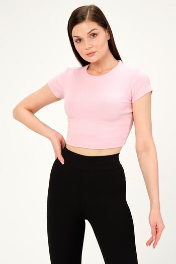 PUNKY CAT Women's Pink Crew Neck Short Sleeve Crop Basic Blouse