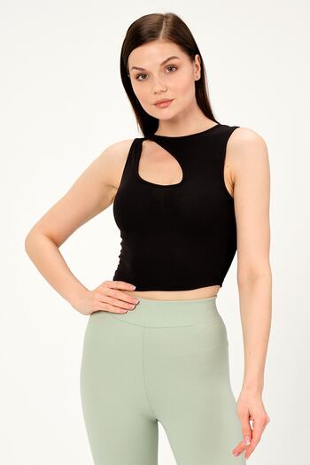 PUNKY CAT Women's Black Collar Detailed Sleeveless Crop Knitted Blouse