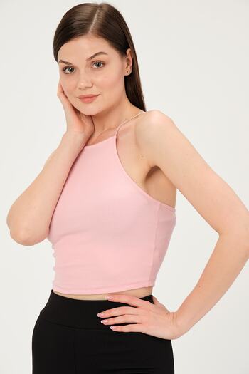 PUNKY CAT Women's Pink Strap Crop Blouse