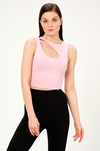 PUNKY CAT Women's Pink Collar Detailed Sleeveless Crop Knitted Blouse