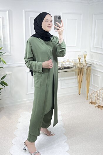 Aşkı Endam Women's Large Size Stone Detailed Triple Suit with Pockets - Khaki