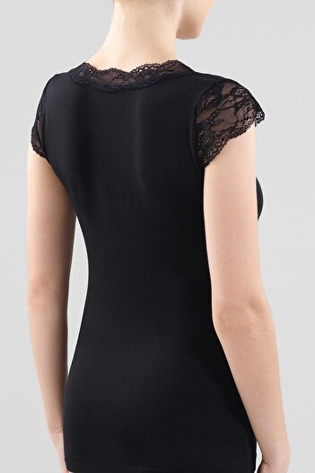 Blackspade Lace Collar Lace Sleeve Black Undershirt 1348