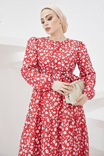 InStyle Erfa Crispy Pattern Belted Dress - Red