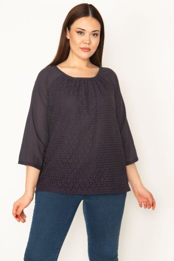 Şans Women's Plus Size Navy Blue Front Lined Hole Embroidery Capri Sleeve Voile Blouse 65n33114